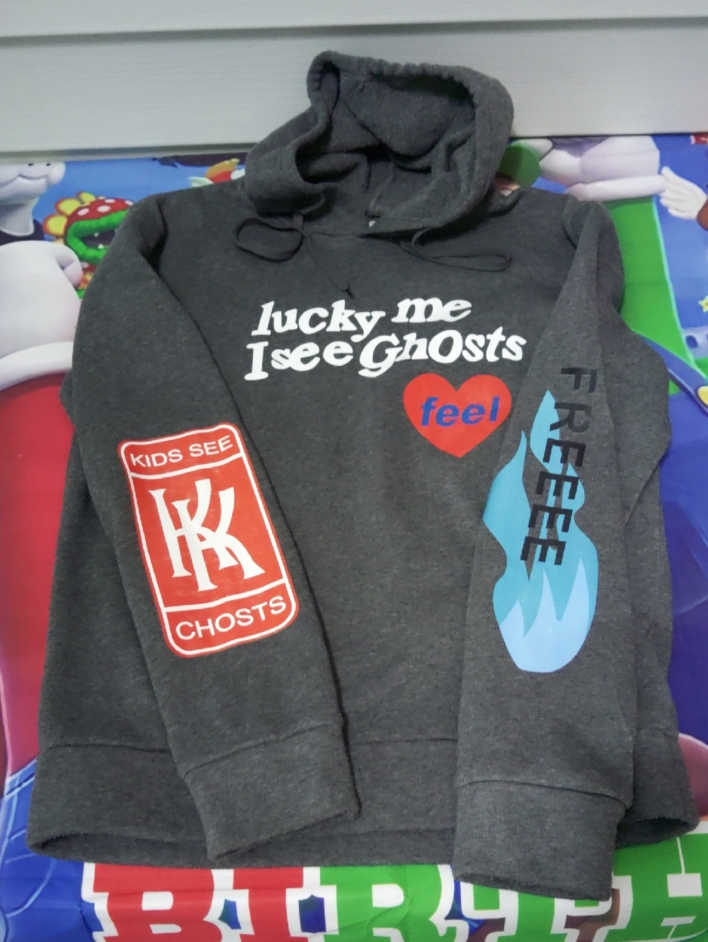 Lucky Me I See Ghosts Graphic Hoodie - Dark Gray with Red & Light Blue Prints